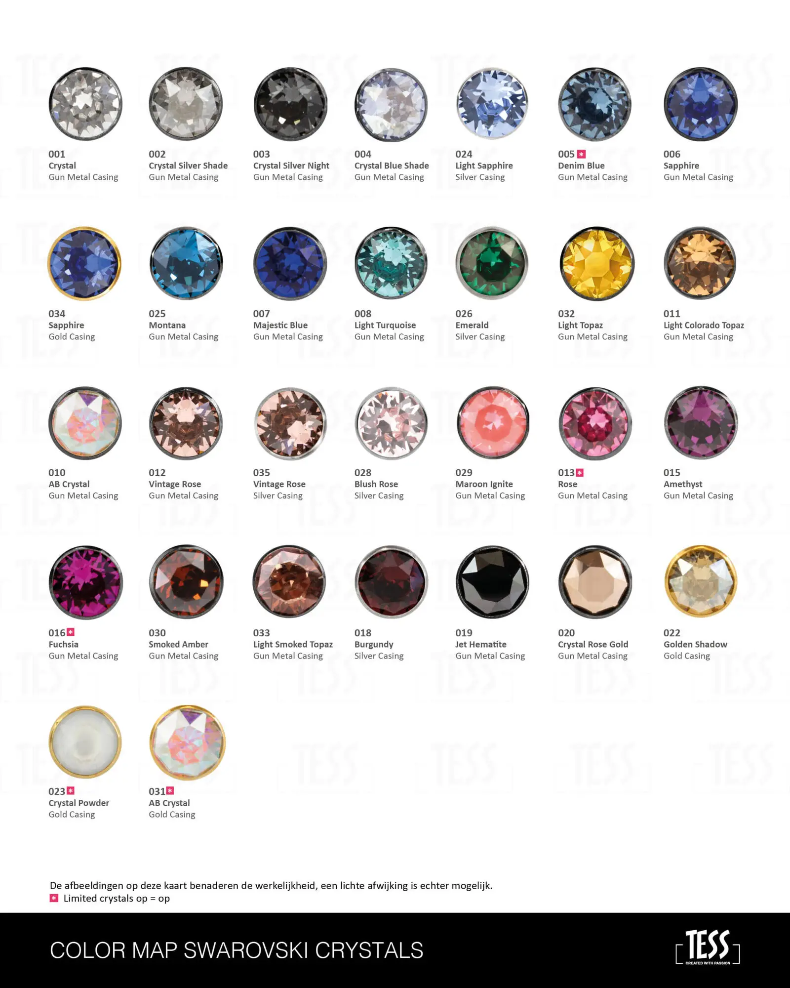 TESS Products Kleurenkaart Swarovski Crystals december 2025